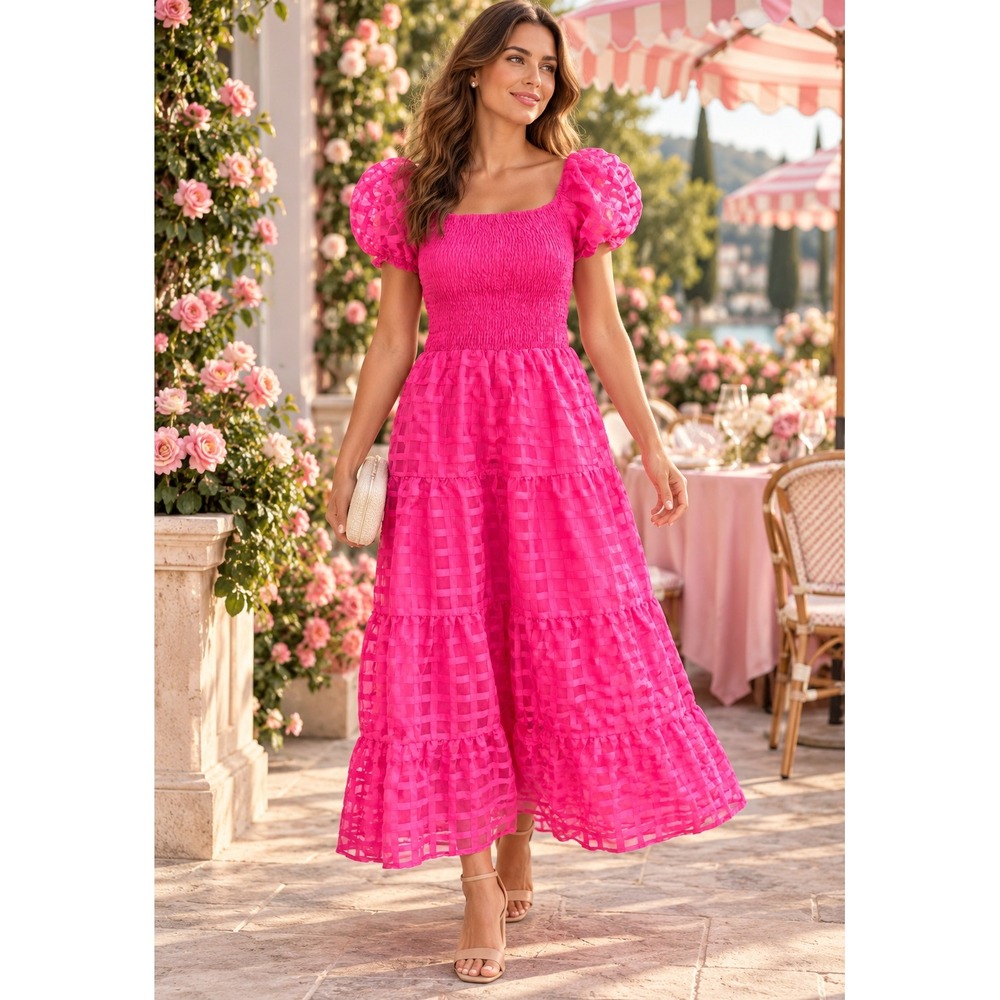 Hot Pink Smocked Puff Sleeve Tiered Maxi Dress Sz M Grid Cottage Coquette Barbie